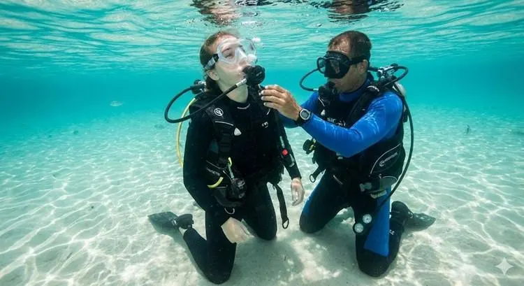 Beginner practising scuba diving skills in shallow water with an instructor
